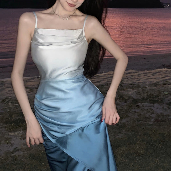 Summer Sweet Women Girly Temperament Sleeveless Side Slit Gradient Pink Color Change Fishtail Robe Waist Maxi Dress