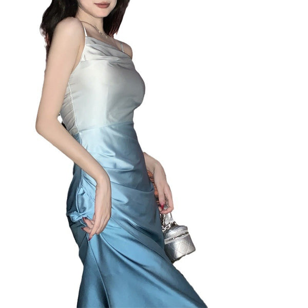 Summer Sweet Women Girly Temperament Sleeveless Side Slit Gradient Pink Color Change Fishtail Robe Waist Maxi Dress