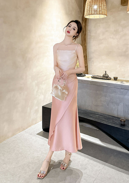 Summer Sweet Women Girly Temperament Sleeveless Side Slit Gradient Pink Color Change Fishtail Robe Waist Maxi Dress