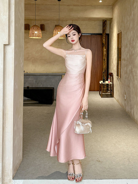 Summer Sweet Women Girly Temperament Sleeveless Side Slit Gradient Pink Color Change Fishtail Robe Waist Maxi Dress