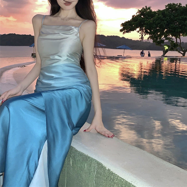Summer Sweet Women Girly Temperament Sleeveless Side Slit Gradient Pink Color Change Fishtail Robe Waist Maxi Dress