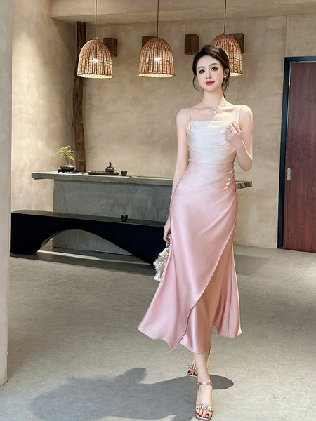 Summer Sweet Women Girly Temperament Sleeveless Side Slit Gradient Pink Color Change Fishtail Robe Waist Maxi Dress