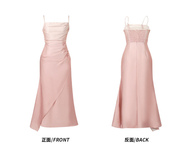 Summer Sweet Women Girly Temperament Sleeveless Side Slit Gradient Pink Color Change Fishtail Robe Waist Maxi Dress