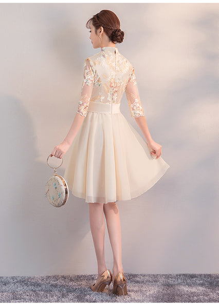 Chinese Fashion Vintage Style Stand Collar Floral Embroidery Flower Embroidered Cheongsam Short A-line Champagne Wedding Party Dress