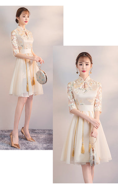 Chinese Fashion Vintage Style Stand Collar Floral Embroidery Flower Embroidered Cheongsam Short A-line Champagne Wedding Party Dress