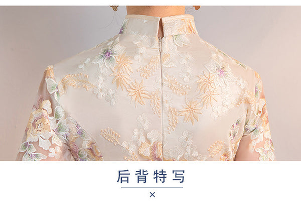Chinese Fashion Vintage Style Stand Collar Floral Embroidery Flower Embroidered Cheongsam Short A-line Champagne Wedding Party Dress