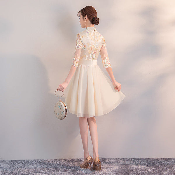 Chinese Fashion Vintage Style Stand Collar Floral Embroidery Flower Embroidered Cheongsam Short A-line Champagne Wedding Party Dress
