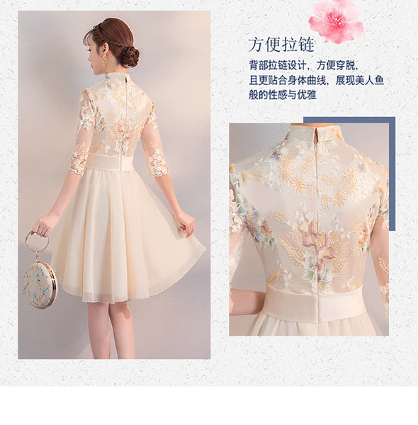 Chinese Fashion Vintage Style Stand Collar Floral Embroidery Flower Embroidered Cheongsam Short A-line Champagne Wedding Party Dress