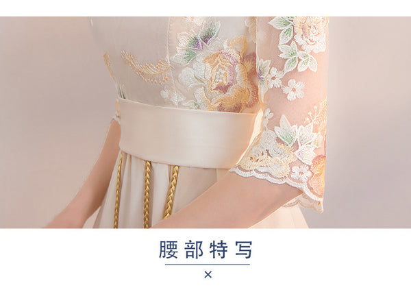 Chinese Fashion Vintage Style Stand Collar Floral Embroidery Flower Embroidered Cheongsam Short A-line Champagne Wedding Party Dress