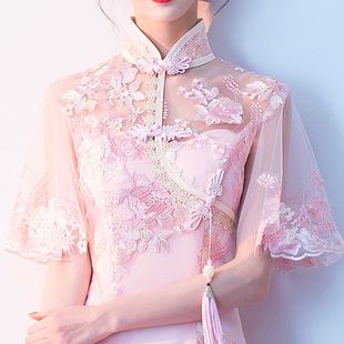 Chinese Fashion Elegant Stand Collar Floral Embroidery Flower Embroidered Cheongsam Short Sleeves High Low Wedding Party Dress