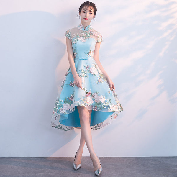Chinese Fashion Elegant Stand Collar Floral Embroidery Flower Embroidered Cheongsam Short Sleeves High Low Wedding Party Dress