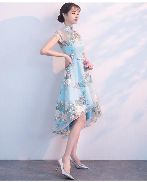 Chinese Fashion Elegant Stand Collar Floral Embroidery Flower Embroidered Cheongsam Short Sleeves High Low Wedding Party Dress