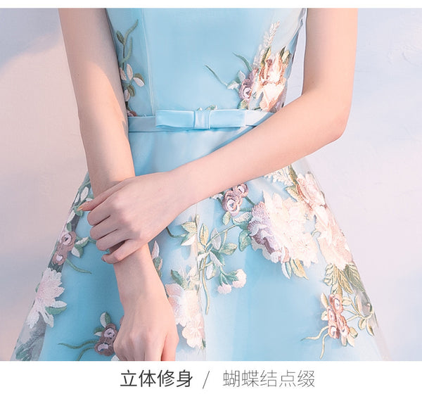 Chinese Fashion Elegant Stand Collar Floral Embroidery Flower Embroidered Cheongsam Short Sleeves High Low Wedding Party Dress