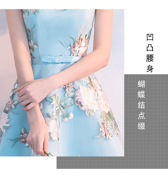 Chinese Fashion Elegant Stand Collar Floral Embroidery Flower Embroidered Cheongsam Short Sleeves High Low Wedding Party Dress
