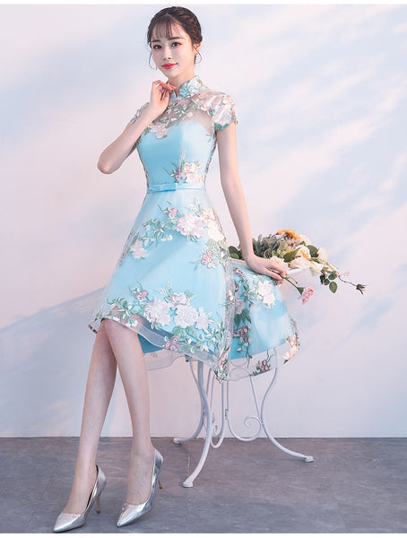 Chinese Fashion Elegant Stand Collar Floral Embroidery Flower Embroidered Cheongsam Short Sleeves High Low Wedding Party Dress