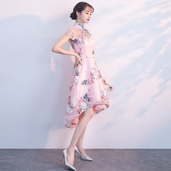 Chinese Fashion Elegant Stand Collar Floral Embroidery Flower Embroidered Cheongsam Short Sleeves High Low Wedding Party Dress