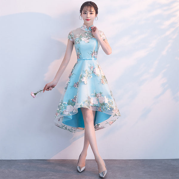 Chinese Fashion Elegant Stand Collar Floral Embroidery Flower Embroidered Cheongsam Short Sleeves High Low Wedding Party Dress