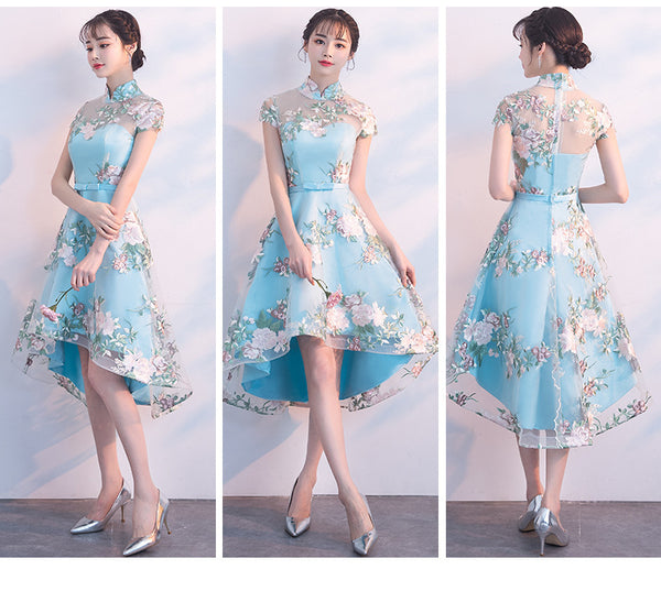 Chinese Fashion Elegant Stand Collar Floral Embroidery Flower Embroidered Cheongsam Short Sleeves High Low Wedding Party Dress