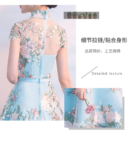 Chinese Fashion Elegant Stand Collar Floral Embroidery Flower Embroidered Cheongsam Short Sleeves High Low Wedding Party Dress