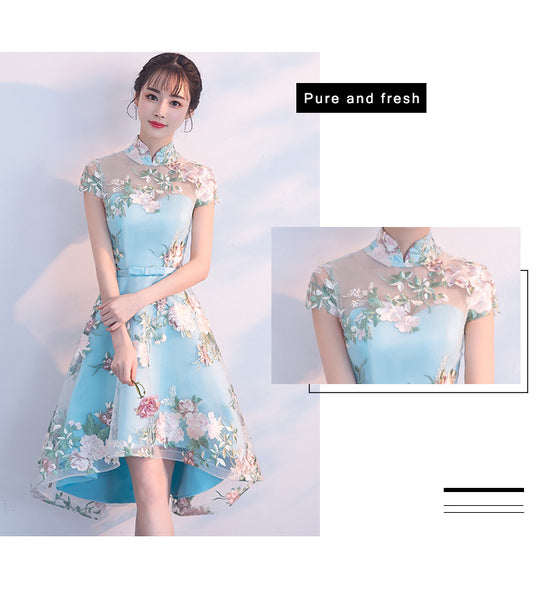 Chinese Fashion Elegant Stand Collar Floral Embroidery Flower Embroidered Cheongsam Short Sleeves High Low Wedding Party Dress