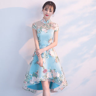Chinese Fashion Elegant Stand Collar Floral Embroidery Flower Embroidered Cheongsam Short Sleeves High Low Wedding Party Dress