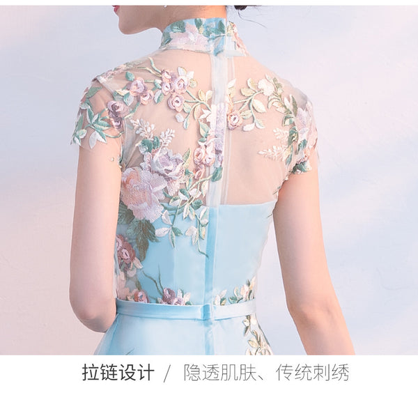 Chinese Fashion Elegant Stand Collar Floral Embroidery Flower Embroidered Cheongsam Short Sleeves High Low Wedding Party Dress