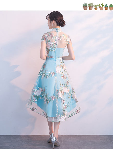Chinese Fashion Elegant Stand Collar Floral Embroidery Flower Embroidered Cheongsam Short Sleeves High Low Wedding Party Dress