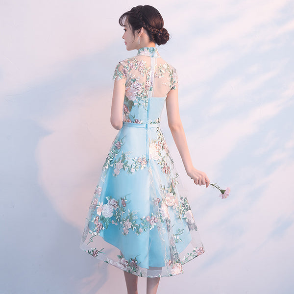 Chinese Fashion Elegant Stand Collar Floral Embroidery Flower Embroidered Cheongsam Short Sleeves High Low Wedding Party Dress