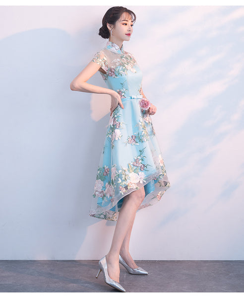 Chinese Fashion Elegant Stand Collar Floral Embroidery Flower Embroidered Cheongsam Short Sleeves High Low Wedding Party Dress