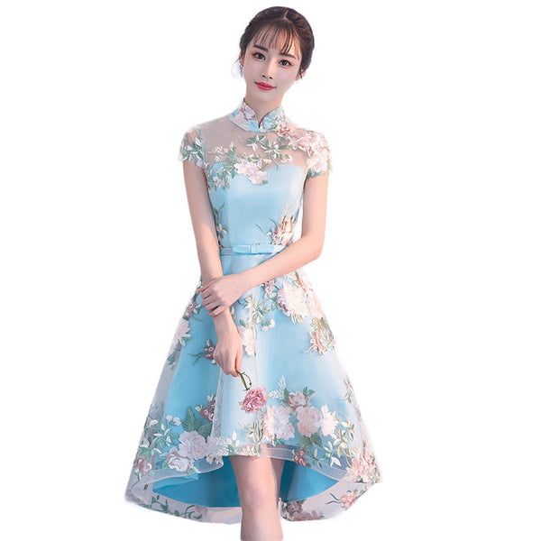 Chinese Fashion Elegant Stand Collar Floral Embroidery Flower Embroidered Cheongsam Short Sleeves High Low Wedding Party Dress