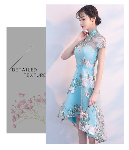 Chinese Fashion Elegant Stand Collar Floral Embroidery Flower Embroidered Cheongsam Short Sleeves High Low Wedding Party Dress
