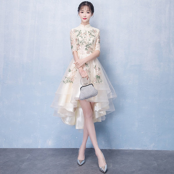 Chinese Fashion Elegant Stand Collar Floral Embroidery Flower Embroidered Cheongsam Short Sleeves High Low Wedding Party Dress