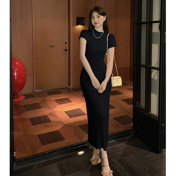 Elegant Women Pure Color Solid Eyelet Round Neck Short Sleeved Soft Sweater Slim Wrapped Hip Knitted Long Dress
