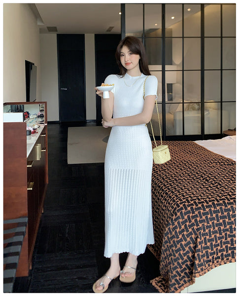 Elegant Women Pure Color Solid Eyelet Round Neck Short Sleeved Soft Sweater Slim Wrapped Hip Knitted Long Dress