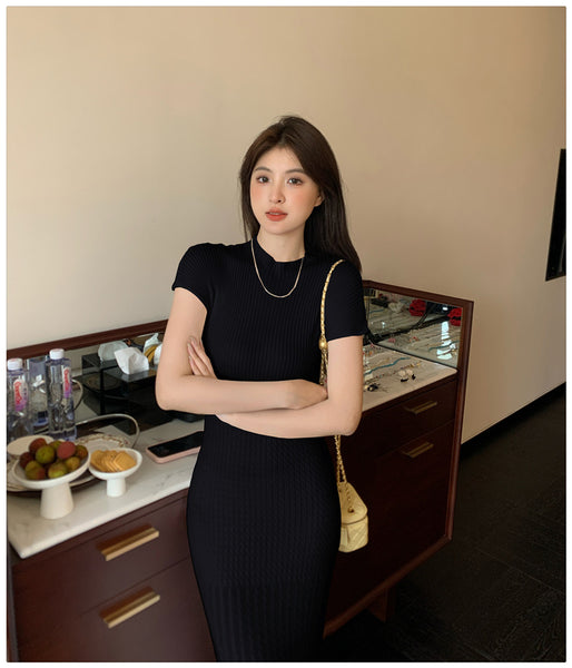 Elegant Women Pure Color Solid Eyelet Round Neck Short Sleeved Soft Sweater Slim Wrapped Hip Knitted Long Dress