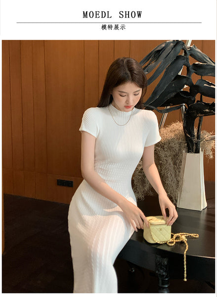 Elegant Women Pure Color Solid Eyelet Round Neck Short Sleeved Soft Sweater Slim Wrapped Hip Knitted Long Dress