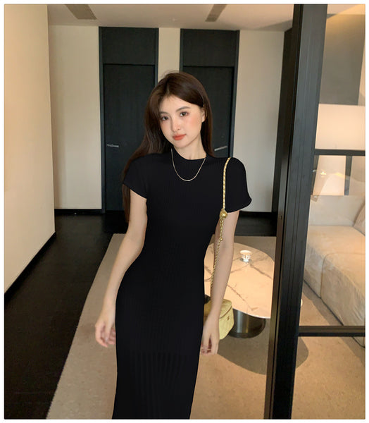 Elegant Women Pure Color Solid Eyelet Round Neck Short Sleeved Soft Sweater Slim Wrapped Hip Knitted Long Dress