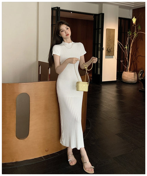 Elegant Women Pure Color Solid Eyelet Round Neck Short Sleeved Soft Sweater Slim Wrapped Hip Knitted Long Dress