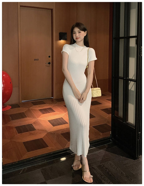 Elegant Women Pure Color Solid Eyelet Round Neck Short Sleeved Soft Sweater Slim Wrapped Hip Knitted Long Dress