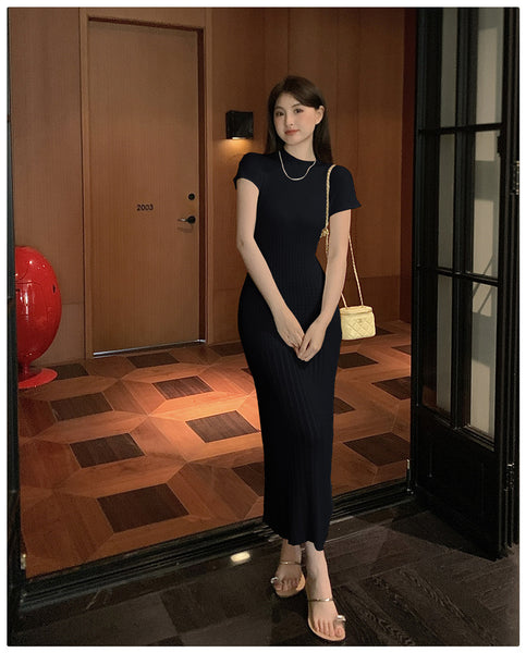 Elegant Women Pure Color Solid Eyelet Round Neck Short Sleeved Soft Sweater Slim Wrapped Hip Knitted Long Dress