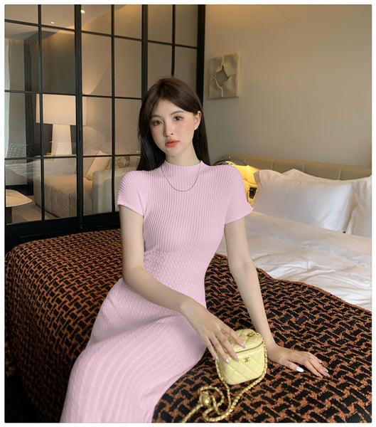 Elegant Women Pure Color Solid Eyelet Round Neck Short Sleeved Soft Sweater Slim Wrapped Hip Knitted Long Dress