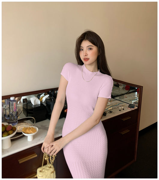 Elegant Women Pure Color Solid Eyelet Round Neck Short Sleeved Soft Sweater Slim Wrapped Hip Knitted Long Dress
