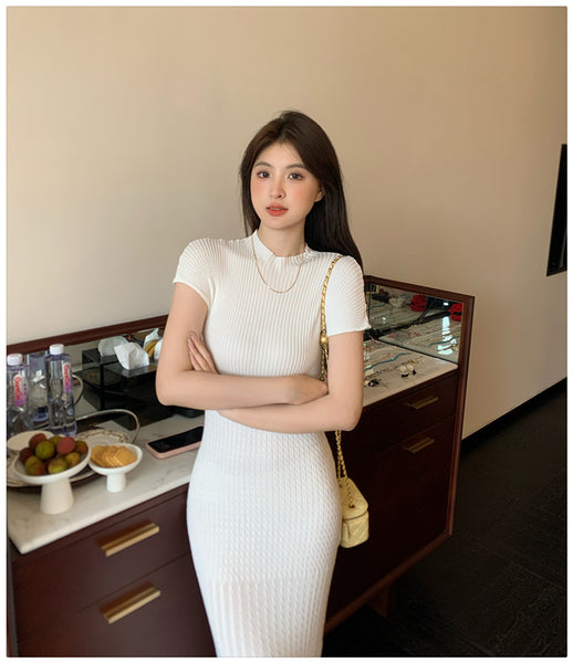 Elegant Women Pure Color Solid Eyelet Round Neck Short Sleeved Soft Sweater Slim Wrapped Hip Knitted Long Dress