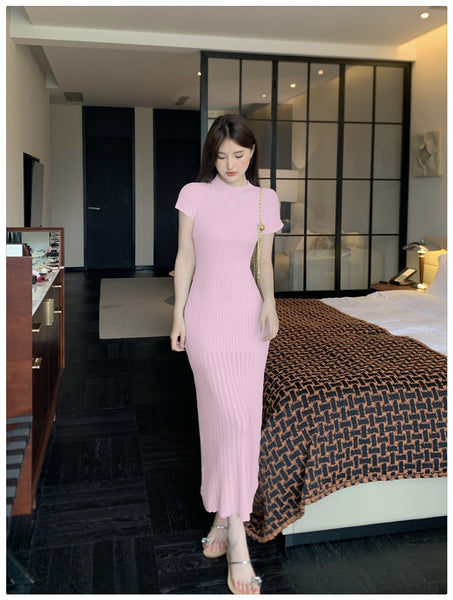 Elegant Women Pure Color Solid Eyelet Round Neck Short Sleeved Soft Sweater Slim Wrapped Hip Knitted Long Dress