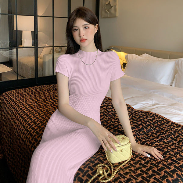 Elegant Women Pure Color Solid Eyelet Round Neck Short Sleeved Soft Sweater Slim Wrapped Hip Knitted Long Dress