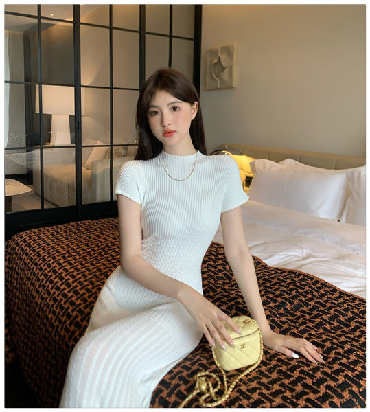 Elegant Women Pure Color Solid Eyelet Round Neck Short Sleeved Soft Sweater Slim Wrapped Hip Knitted Long Dress