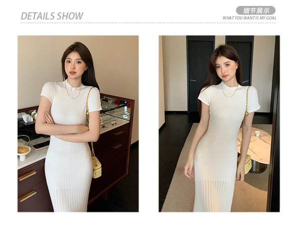 Elegant Women Pure Color Solid Eyelet Round Neck Short Sleeved Soft Sweater Slim Wrapped Hip Knitted Long Dress