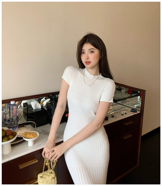 Elegant Women Pure Color Solid Eyelet Round Neck Short Sleeved Soft Sweater Slim Wrapped Hip Knitted Long Dress