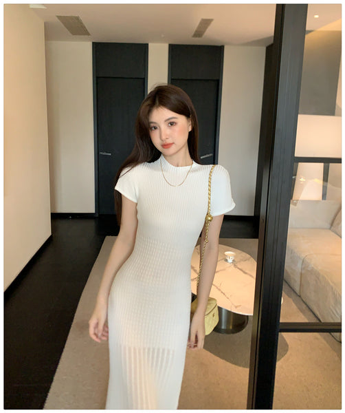 Elegant Women Pure Color Solid Eyelet Round Neck Short Sleeved Soft Sweater Slim Wrapped Hip Knitted Long Dress