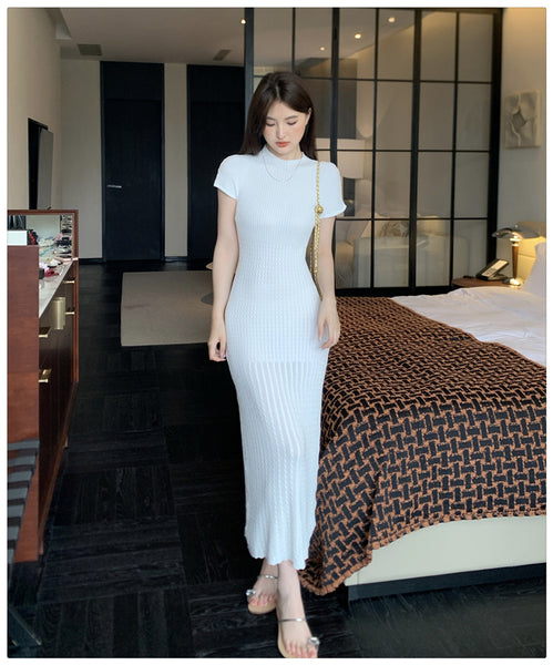 Elegant Women Pure Color Solid Eyelet Round Neck Short Sleeved Soft Sweater Slim Wrapped Hip Knitted Long Dress